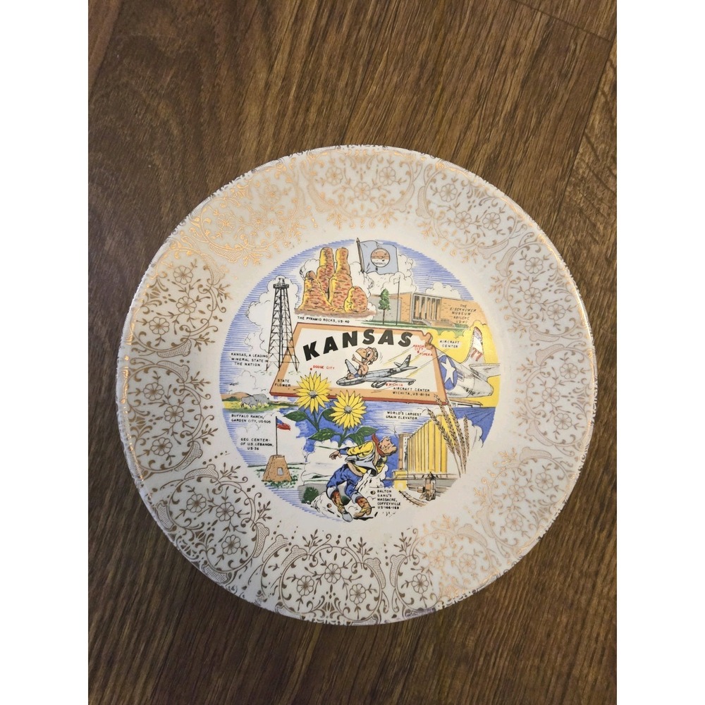 Vintage Kansas Souvenir Plate Harold T. Vancil Abilene Gold Trim B-47 Bomber